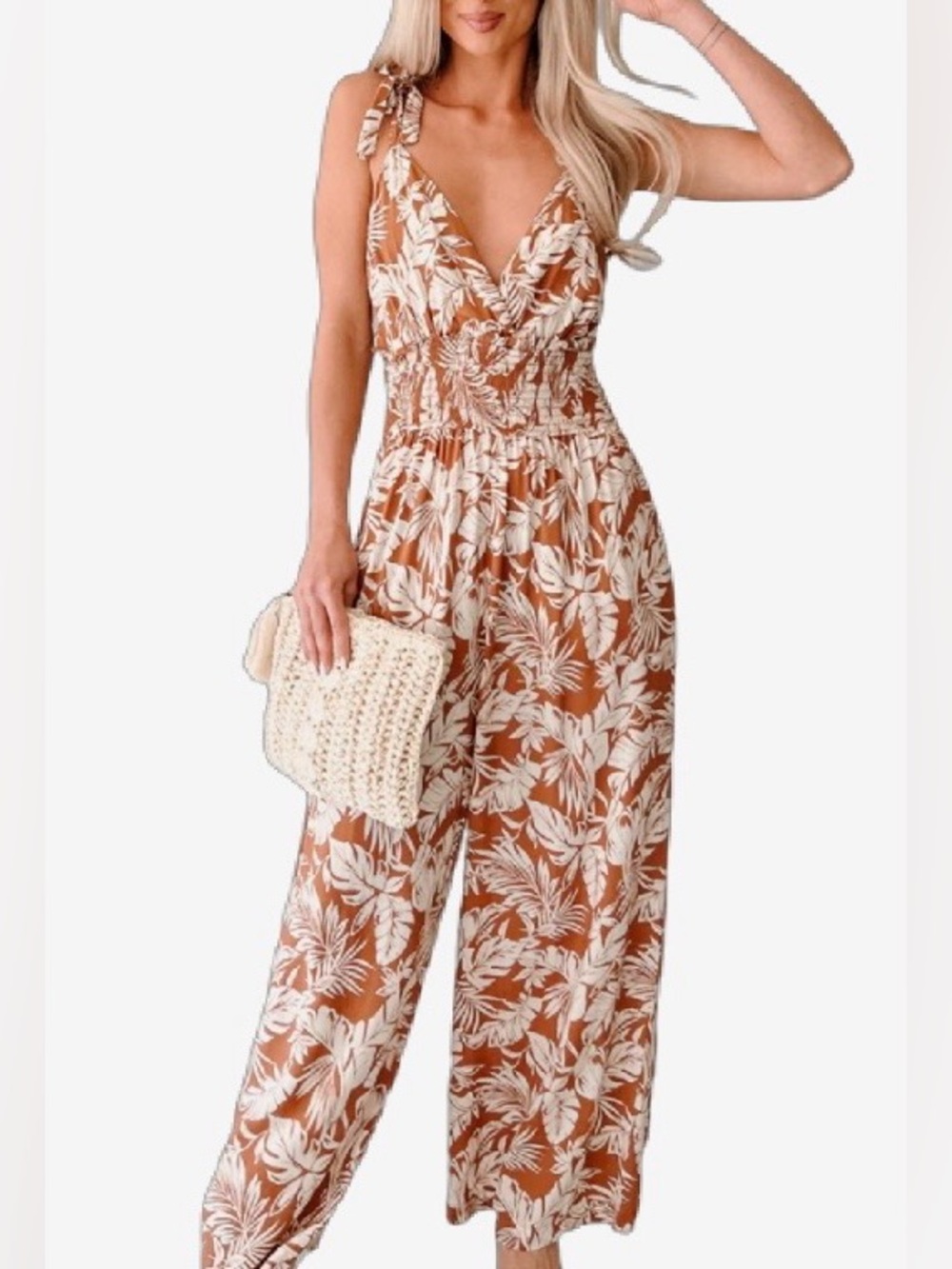 NWT Rust & White Tropical jumpsuit w/pockets Wide Flowy Legs Smocked Waist